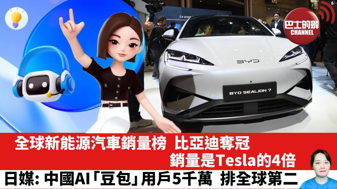 【晨早直播】全球新能源汽車銷量榜，比亞迪奪冠，銷量是Tesla的4倍。日媒: 中國AI「豆包」用戶5千萬，排全球第二。24年12月10日